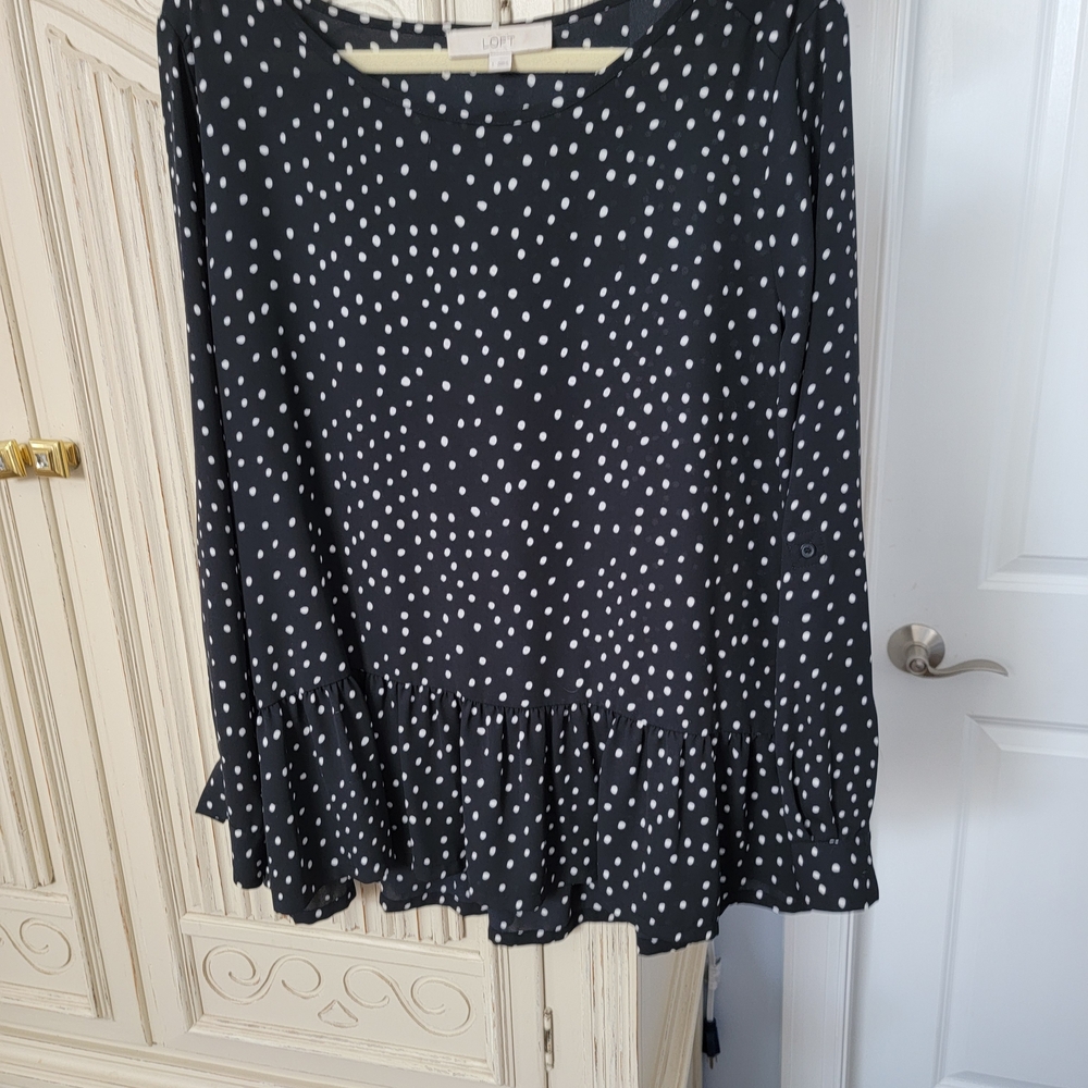 LOFT Black Polka Dot Ruffle Hem A-Line Skirt